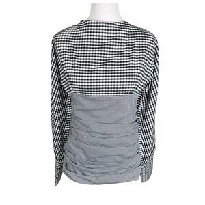 Maggie Marilyn 100% Cotton Black White Gingham Long Sleeve Ruched Blouse Shirt